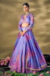 17:17 by Simmi Saboo_Purple Raw Silk Embroidered Sequin V-neck Floral Print Panelled Lehenga Set _Online_at_Aza_Fashions