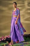 17:17 by Simmi Saboo_Purple Raw Silk Embroidered Sequin Cape Open Floral Print Draped Skirt Set _Online_at_Aza_Fashions