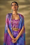 17:17 by Simmi Saboo_Purple Raw Silk Embroidered Sequin Cape Open Floral Print Draped Skirt Set _at_Aza_Fashions