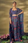 Buy_17:17 by Simmi Saboo_Blue Raw Silk Printed Lotus Cape Open Draped Skirt Set _at_Aza_Fashions