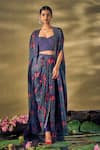 Shop_17:17 by Simmi Saboo_Blue Raw Silk Printed Lotus Cape Open Draped Skirt Set _at_Aza_Fashions