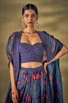 Buy_17:17 by Simmi Saboo_Blue Raw Silk Printed Lotus Cape Open Draped Skirt Set 