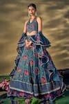 17:17 by Simmi Saboo_Blue Raw Silk Printed Lotus Halter Neck Patchwork Lehenga Set _Online_at_Aza_Fashions