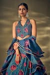 17:17 by Simmi Saboo_Blue Raw Silk Printed Lotus Halter Neck Patchwork Lehenga Set _at_Aza_Fashions