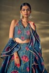 Buy_17:17 by Simmi Saboo_Blue Raw Silk Printed Lotus Halter Neck Patchwork Lehenga Set 