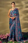 Buy_17:17 by Simmi Saboo_Blue Raw Silk Printed Lotus Halter Neck Saree With Blouse _at_Aza_Fashions