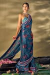 17:17 by Simmi Saboo_Blue Raw Silk Printed Lotus Halter Neck Saree With Blouse _Online_at_Aza_Fashions