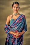 Shop_17:17 by Simmi Saboo_Blue Raw Silk Printed Lotus Halter Neck Saree With Blouse _Online_at_Aza_Fashions