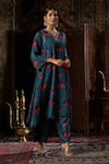 Shop_17:17 by Simmi Saboo_Blue Raw Silk Printed Lotus V-neck High-low Kurta With Pant _at_Aza_Fashions