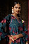 17:17 by Simmi Saboo_Blue Raw Silk Printed Lotus V-neck High-low Kurta With Pant _at_Aza_Fashions