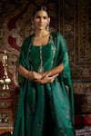 17:17 by Simmi Saboo_Green Raw Silk Embroidered Threadwork Cape Open Floral Print Gharara Set _Online_at_Aza_Fashions