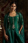 Buy_17:17 by Simmi Saboo_Green Raw Silk Embroidered Threadwork Cape Open Floral Print Gharara Set _Online_at_Aza_Fashions