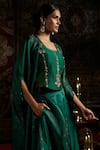 Shop_17:17 by Simmi Saboo_Green Raw Silk Embroidered Threadwork Cape Open Floral Print Gharara Set _Online_at_Aza_Fashions