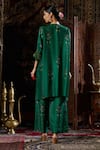 Shop_17:17 by Simmi Saboo_Green Raw Silk Embroidered Shell Notched Floral Print Kurta With Pant _at_Aza_Fashions