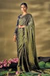 Shop_17:17 by Simmi Saboo_Black Raw Silk Embellished Thread Round Striped Saree With Embroidered Blouse _at_Aza_Fashions