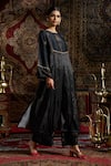 Shop_17:17 by Simmi Saboo_Black Raw Silk Embellished Pearl Round Floral Print Pleated Kurta With Pant _at_Aza_Fashions