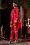 17:17 by Simmi Saboo_Pink Raw Silk Embellished Bead Mandarin Collar Floral Print Kaftan With Pant _Online_at_Aza_Fashions