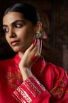 17:17 by Simmi Saboo_Pink Raw Silk Embellished Bead Mandarin Collar Floral Print Kaftan With Pant _at_Aza_Fashions