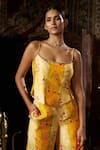 17:17 by Simmi Saboo_Yellow Raw Silk Embellished Sequin Scoop Floral Print Panelled Corset With Pant _at_Aza_Fashions