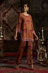 Buy_17:17 by Simmi Saboo_Yellow Raw Silk Embellished Pearl Round Floral Print Kurta With Pant _Online_at_Aza_Fashions