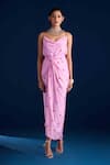 Aapro_Pink Soft Modal Satin Tie-dye Bandhani Sweetheart Cowl Adila Twist Draped Dress _Online_at_Aza_Fashions