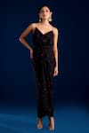 Shop_Aapro_Black Soft Modal Satin Tie-dye Bandhani Sweetheart Cowl Sahar Draped Dress _at_Aza_Fashions