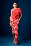 Buy_Aapro_Red Vegan Crepe Embellished Checks One Shoulder Seona Checkered Draped Dress _at_Aza_Fashions