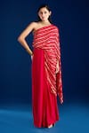 Buy_Aapro_Red Soft Modal Cotton Satin Woven Stripe One Shoulder Eraya Concept Saree Gown _at_Aza_Fashions