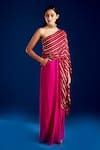 Shop_Aapro_Magenta Soft Modal Cotton Satin Woven Stripe One Ziora Draped Concept Saree Gown _Online_at_Aza_Fashions