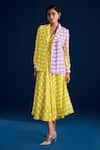 Buy_Aapro_Yellow Vegan Crepe Printed Checkered Lapel Collar Arnica Blazer With Dress _at_Aza_Fashions