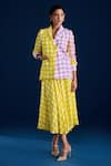 Shop_Aapro_Yellow Vegan Crepe Printed Checkered Lapel Collar Arnica Blazer With Dress _at_Aza_Fashions