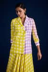 Shop_Aapro_Yellow Vegan Crepe Printed Checkered Lapel Collar Arnica Blazer With Dress _Online_at_Aza_Fashions