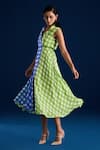 Buy_Aapro_Multi Color Vegan Crepe Printed Checkered Lapel Raya Double Breasted Midi Dress _Online_at_Aza_Fashions