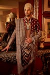 Angad Creations_Maroon Art Raw Silk Embroidery Semi Hand Balhan E Shaan And Tilla Sherwani Set _Online_at_Aza_Fashions