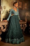 Buy_Angad Creations_Blue Georgette Embroidery Thread Plunging V Cerulean Majesty Aari Blossom Gown _at_Aza_Fashions