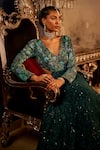 Buy_Angad Creations_Blue Georgette Embroidery Thread Plunging V Cerulean Majesty Aari Blossom Gown _Online_at_Aza_Fashions