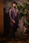 Angad Creations_Purple Monga Cotton Embroidered Thread Amethyst Royalty Kurta With Pant _Online_at_Aza_Fashions