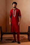 Angad Creations_Red Viscose Raw Silk Embroidered Tilla Rajwadi Metallic Kurta With Pant _Online_at_Aza_Fashions