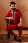 Shop_Angad Creations_Red Viscose Raw Silk Embroidered Tilla Rajwadi Metallic Kurta With Pant _at_Aza_Fashions