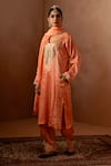 Buy_Angad Creations_Peach Kurta And Pant Cotton Satin Embroidered Tilla Notched Resham Phiran Set _at_Aza_Fashions