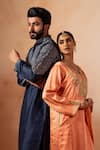 Shop_Angad Creations_Peach Kurta And Pant Cotton Satin Embroidered Tilla Notched Resham Phiran Set 