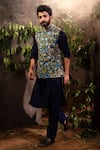 Shop_Angad Creations_Blue Art Raw Silk Embroidered Thread Tesha Taraash Floral Bundi Kurta Set _at_Aza_Fashions