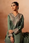 Shop_Angad Creations_Green Kurta And Pant Cotton Satin Embroidered Tilla V-neck Zari Dynasty Set _at_Aza_Fashions