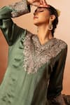 Angad Creations_Green Kurta And Pant Cotton Satin Embroidered Tilla V-neck Zari Dynasty Set _at_Aza_Fashions