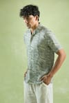 Shop_Arihant Rai Sinha_Green 100% Pure European Linen - 44 Lea Print Abstract Virdian Mirage Shirt _Online_at_Aza_Fashions