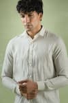 Arihant Rai Sinha_Beige 100% Pure European Linen Geometric Stripe Pattern Shirt _at_Aza_Fashions