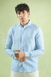 Arihant Rai Sinha_Blue 100% Pure European Linen Geometric Stripe Pattern Shirt _at_Aza_Fashions