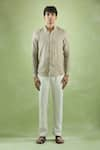 Buy_Arihant Rai Sinha_Brown 100% Pure European Linen Stripe Mandarin Collar Shirt _Online_at_Aza_Fashions