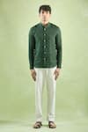 Arihant Rai Sinha_Green 100% Pure European Linen Mandarin Collar Pattern Shirt _Online_at_Aza_Fashions