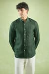 Shop_Arihant Rai Sinha_Green 100% Pure European Linen Mandarin Collar Pattern Shirt _Online_at_Aza_Fashions